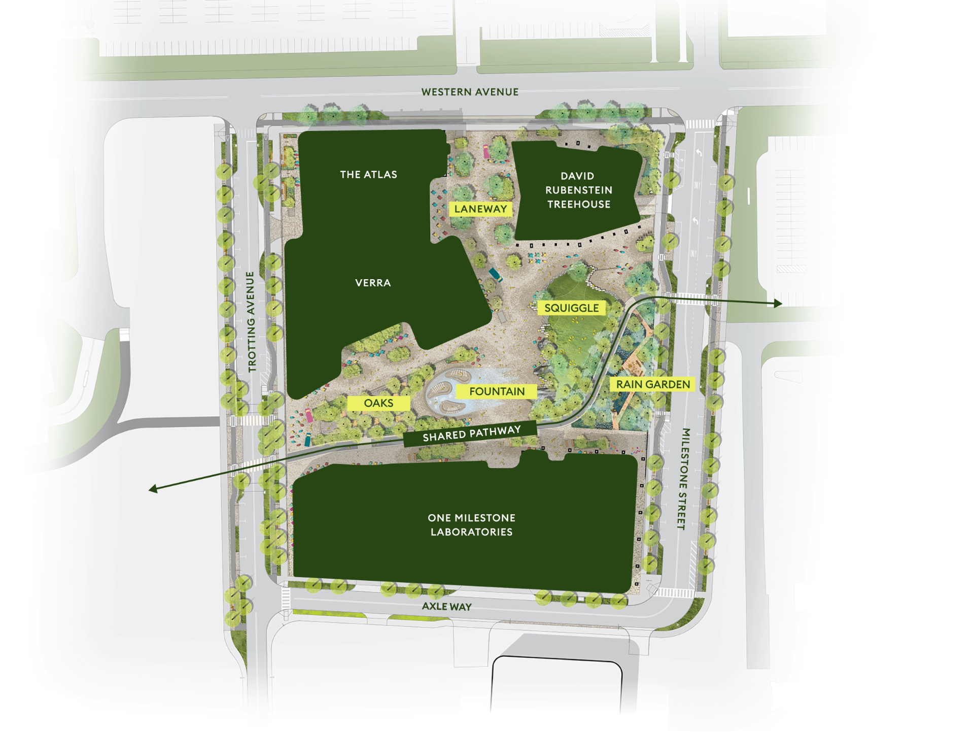 Illustrated map of Allstonway showing various public spaces and buildings